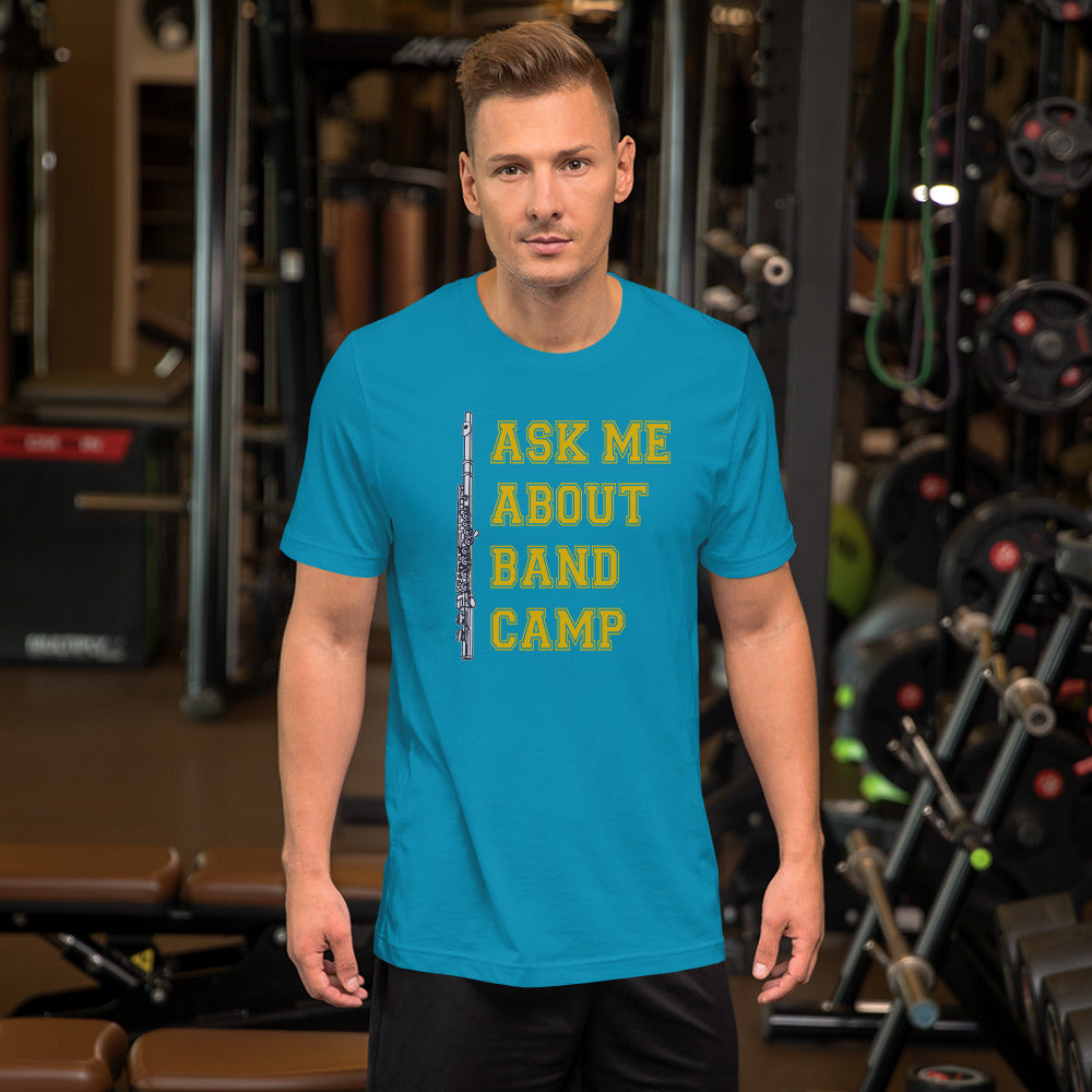 Funny Flute T Shirt: Ask Me About Band Camp - Aqua Blue