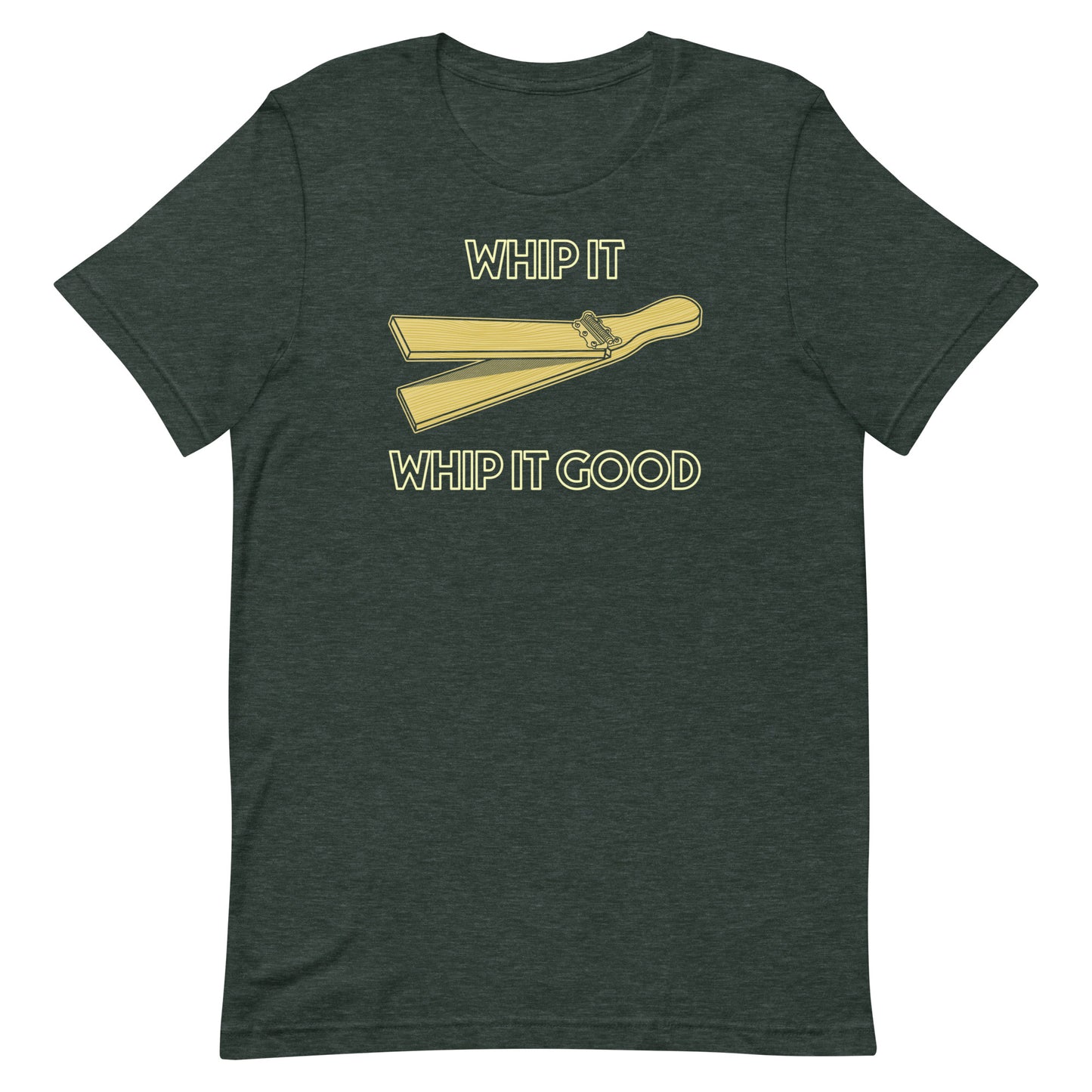 Funny Percussion Drummer Devo T Shirt: Whip It - Forest Dark Green Heather