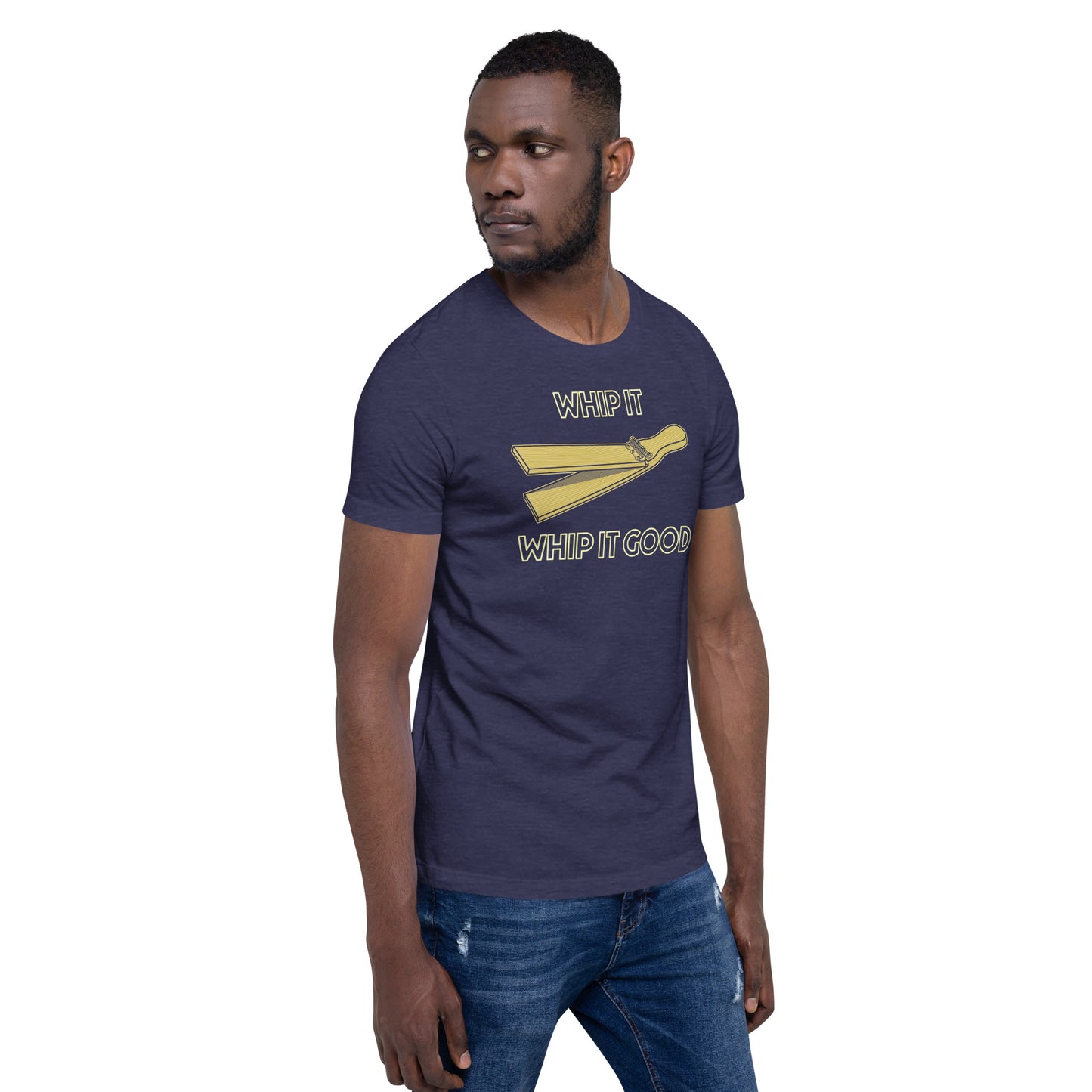 Funny Percussion Drummer Devo T Shirt: Whip It - Dark Navy Midnight Blue Heather
