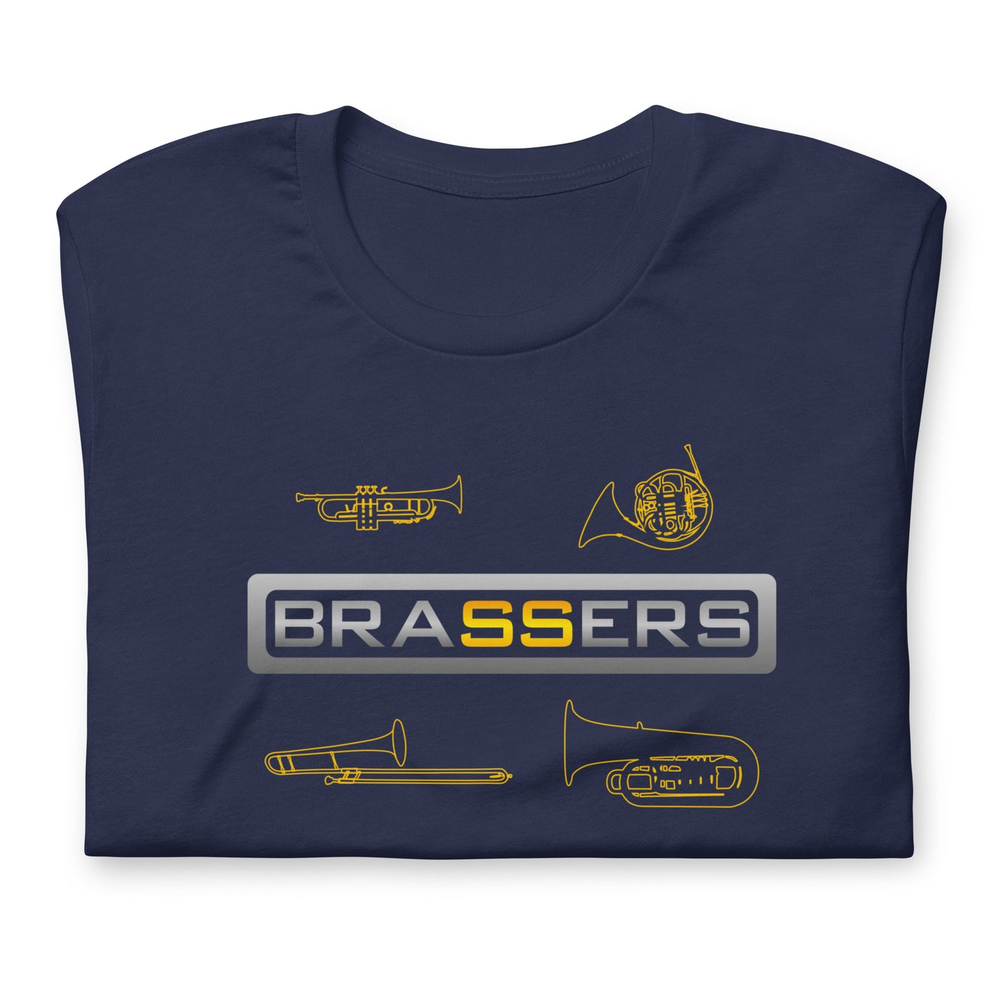 Funny Brass Instrument T Shirt - Trumpet, French Horn, Trombone, Tuba: Brassers - Navy Blue