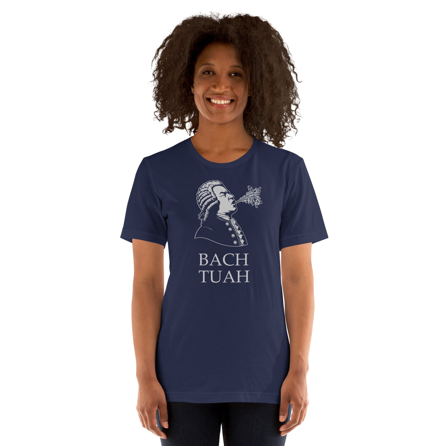 Funny Music Composer T Shirt: Bach Tuah Hawk Tuah Parody - Navy Blue
