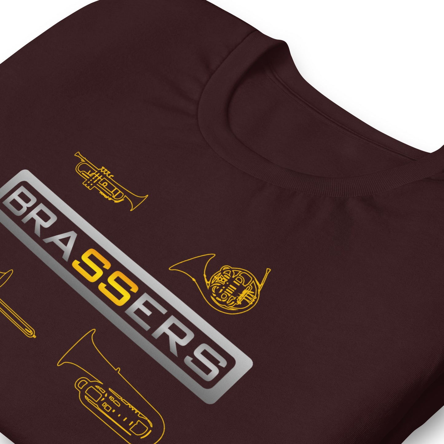 Funny Brass Instrument T Shirt - Trumpet, French Horn, Trombone, Tuba: Brassers - Oxblood Dark Red Maroon