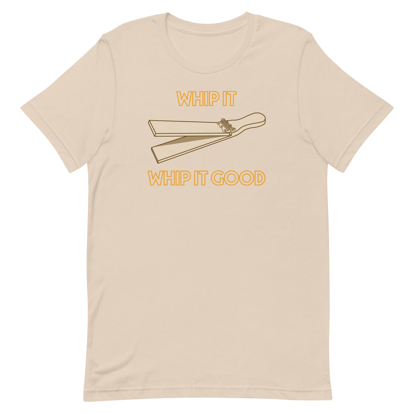 Funny Percussion Drummer Devo T Shirt: Whip It - Cream Tan Khaki