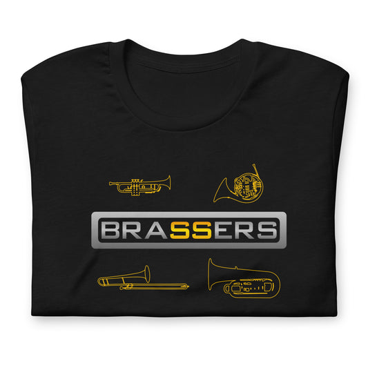 Funny Brass Instrument T Shirt - Trumpet, French Horn, Trombone, Tuba:  Brassers - Black