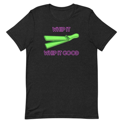 Funny Percussion Drummer Devo T Shirt: Whip It - Black Heather Neon Green Pink