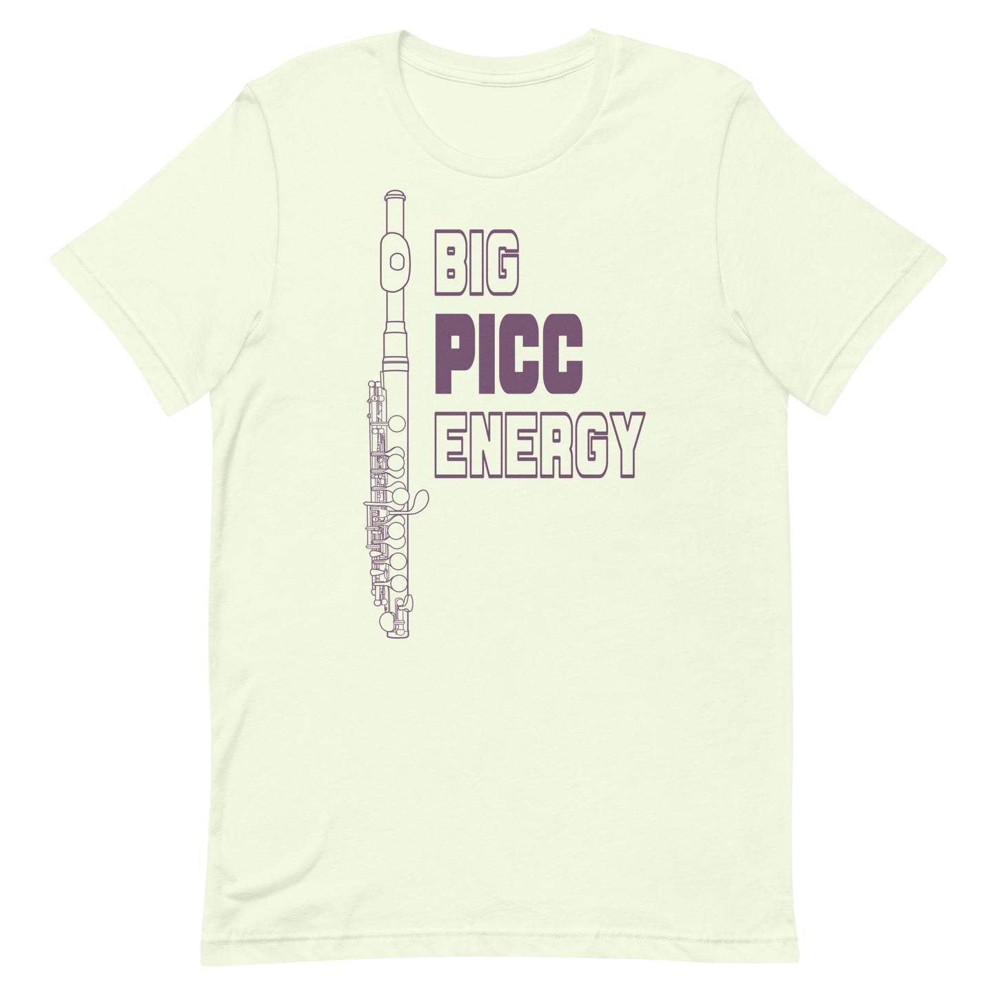 Funny Piccolo Flute T Shirt: Big Picc Energy - White Citron Yellow