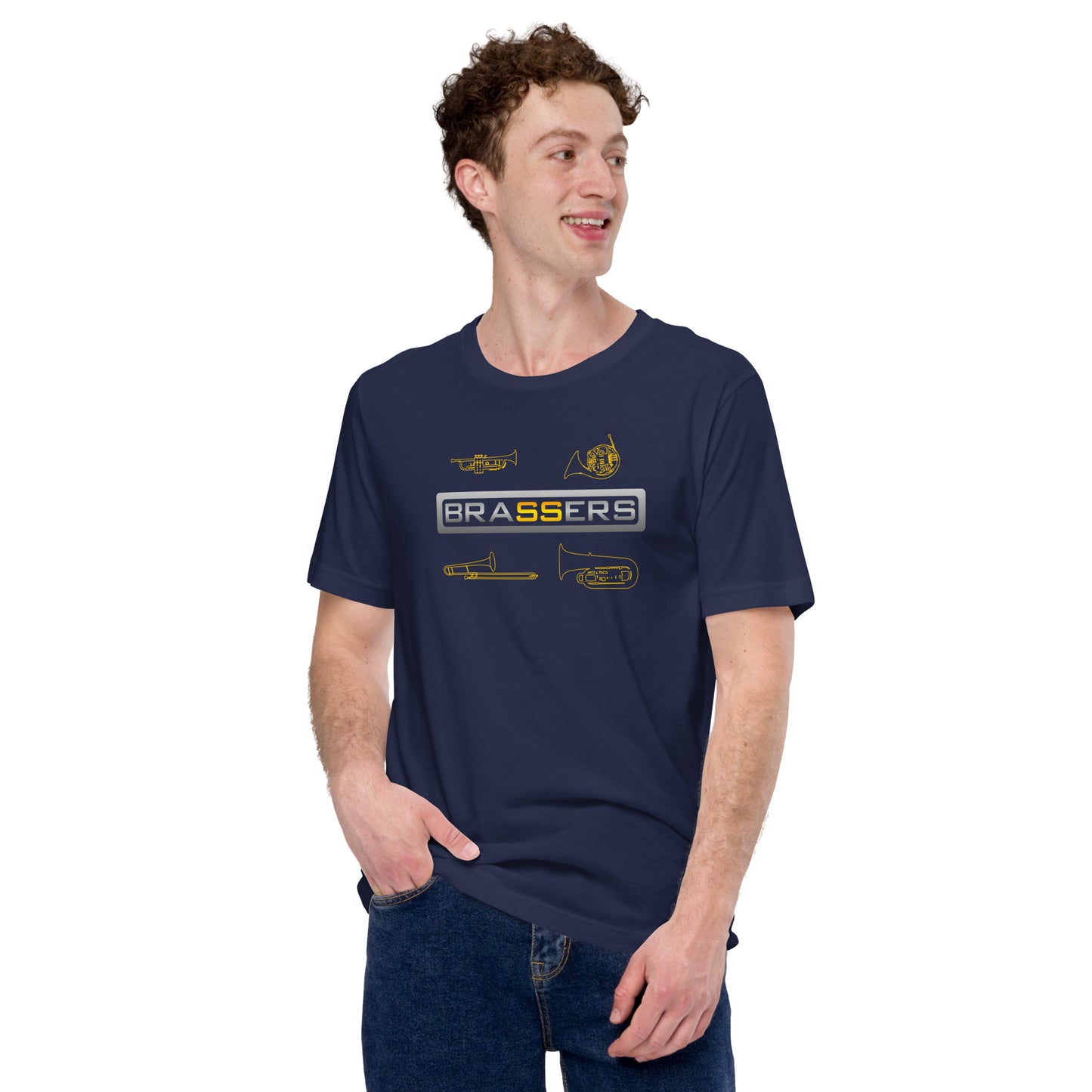 Funny Brass Instrument T Shirt - Trumpet, French Horn, Trombone, Tuba:  Brassers - Navy Blue