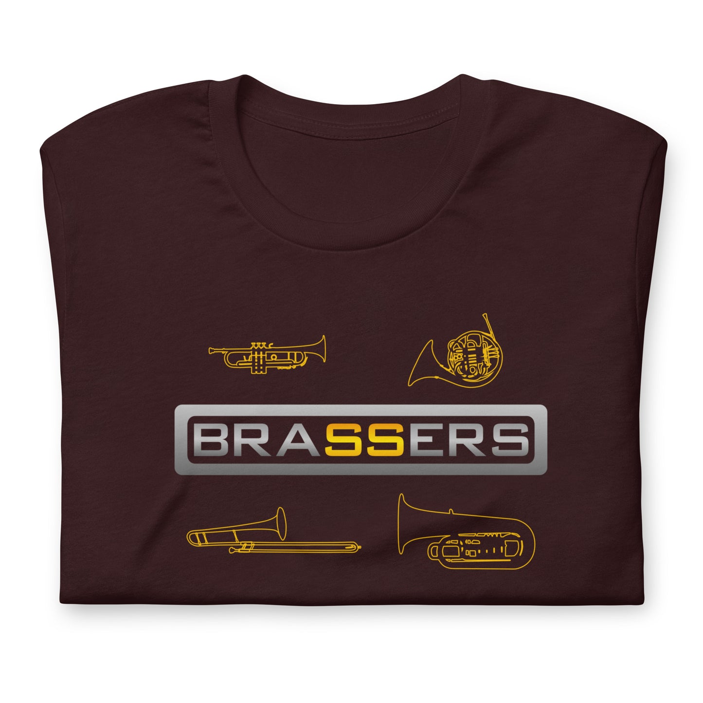 Funny Brass Instrument T Shirt - Trumpet, French Horn, Trombone, Tuba:  Brassers - Oxblood Dark Red Maroon